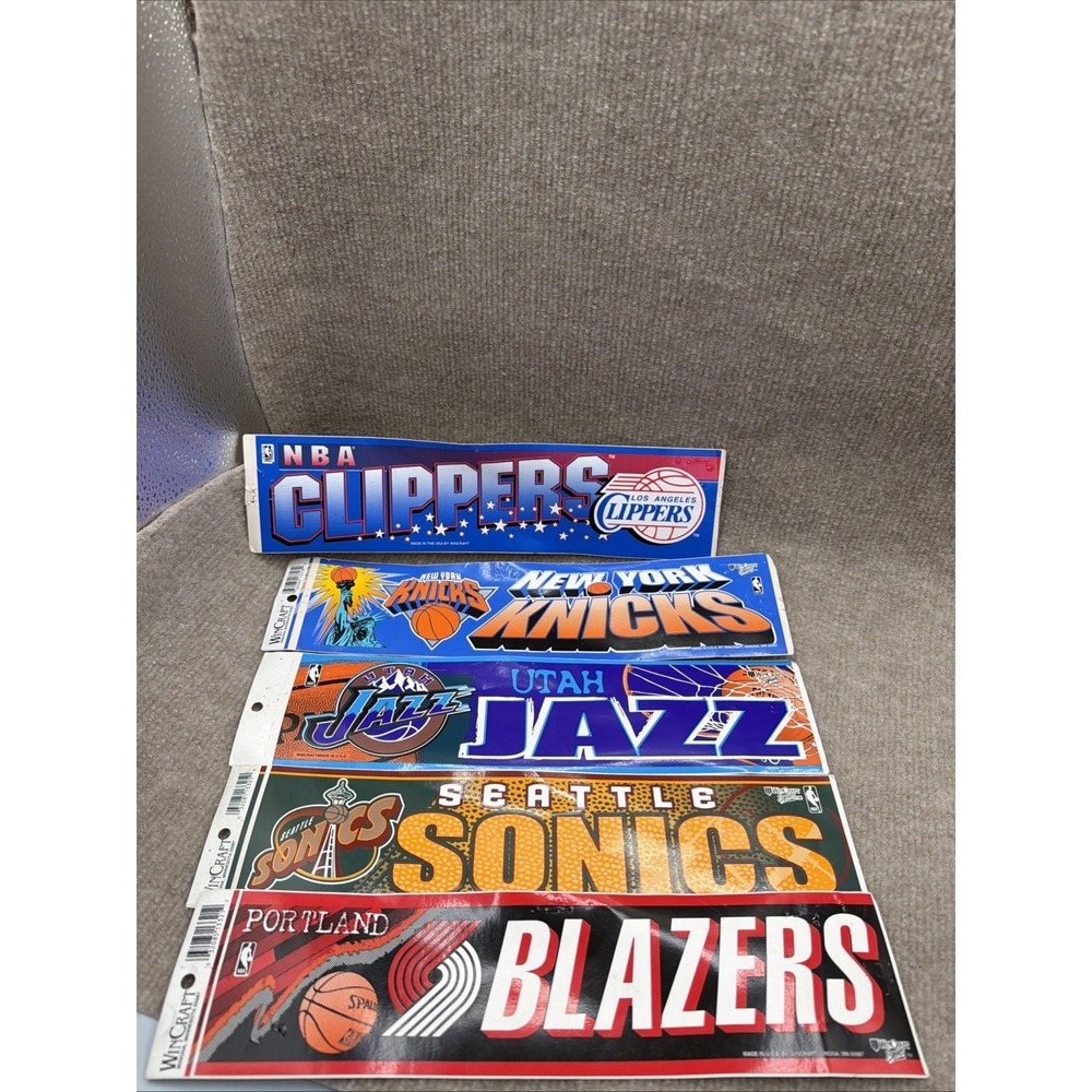 Vintage 90's WinCraft NEW NBA Bumper Sticker Lot Of 5 Blazers-Sonics-Jazz-Clips